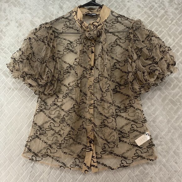 Fashion Nova Tops - Fashion Nova Womens M Sheer Button Up Shirt Tan Brown Puff Sleeve Tie Neck